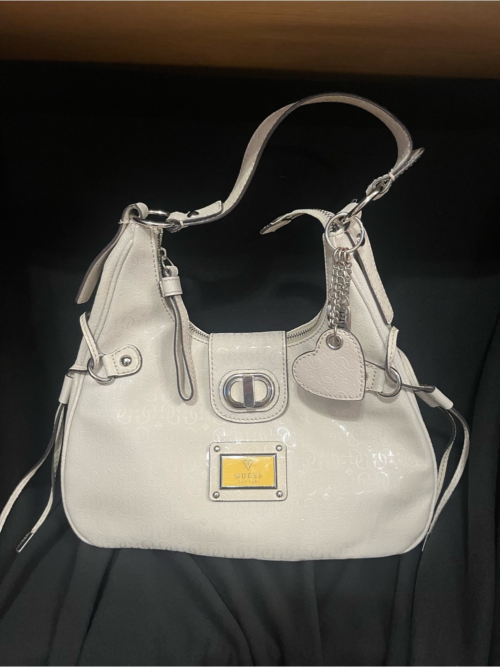Guess Stone Patent Shoulder Bag with Heart Charm